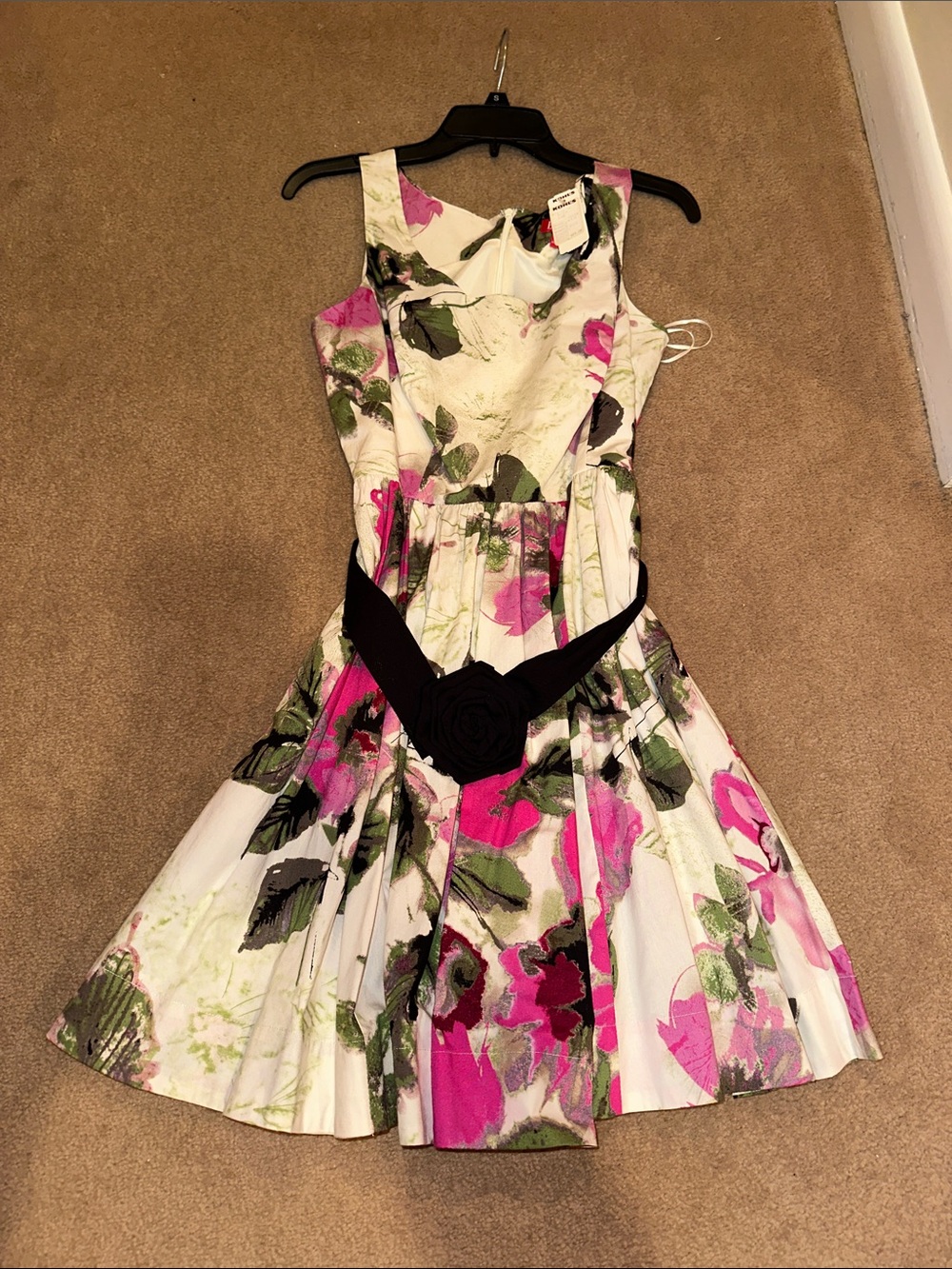 Elle White Floral Fit-and-Flare Dress with Pink and Green Accents